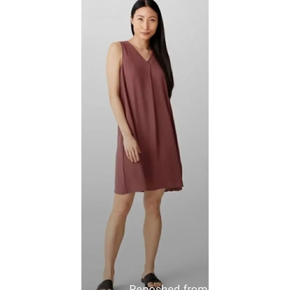 Eileen Fisher Silk Georgette Crepe Pleated Dress in Fig NWOT Size Small